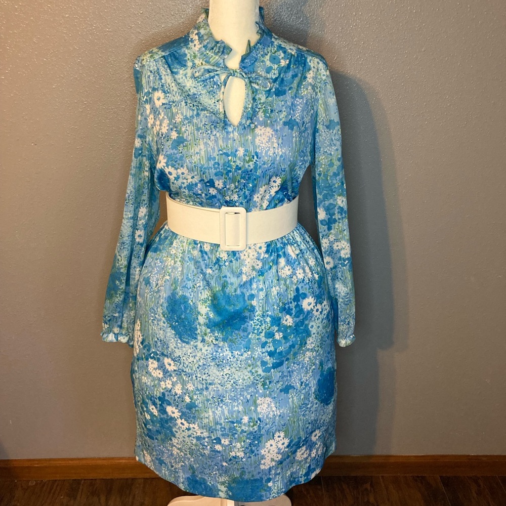 Blue and White Vintage 70s Floral Dress